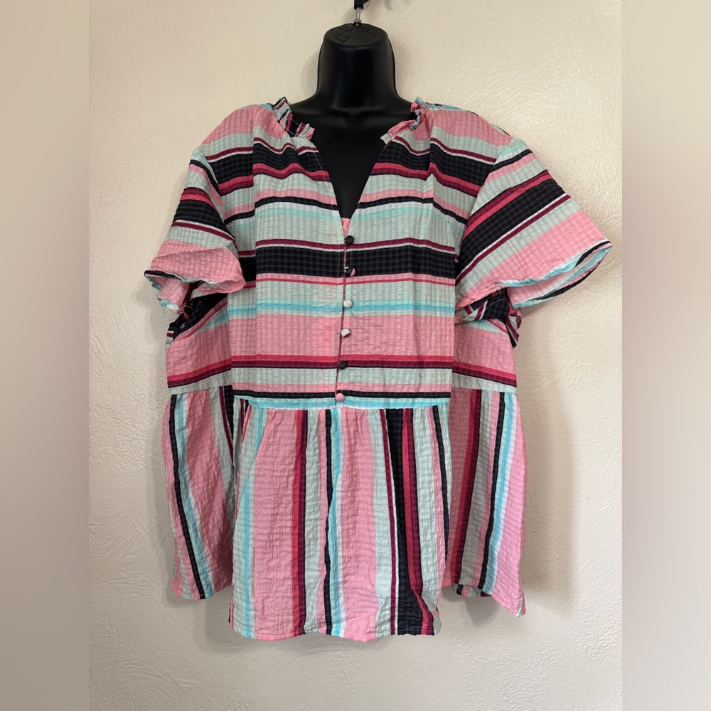 Lane Bryant Pink, Black & Teal Striped Peplum Button Blouse 0550